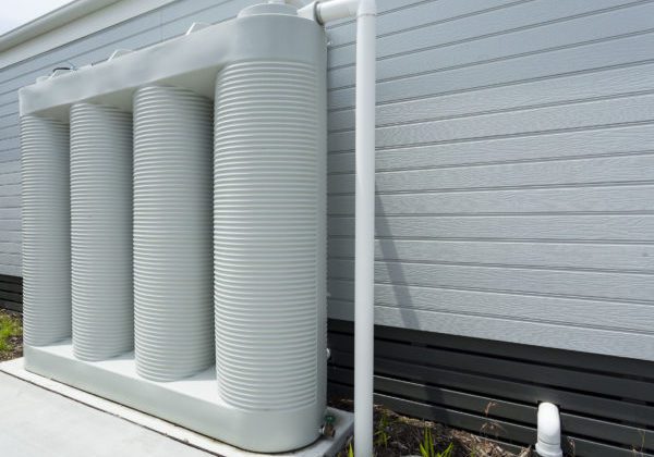 Rainwater collection tank besides a modern house